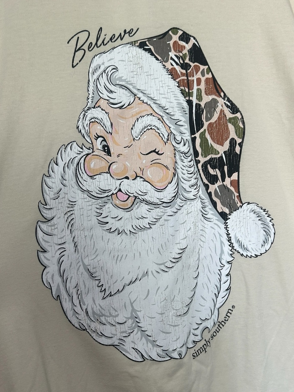 Simply Southern Cream Santa Graphic Tee with Camo Hat